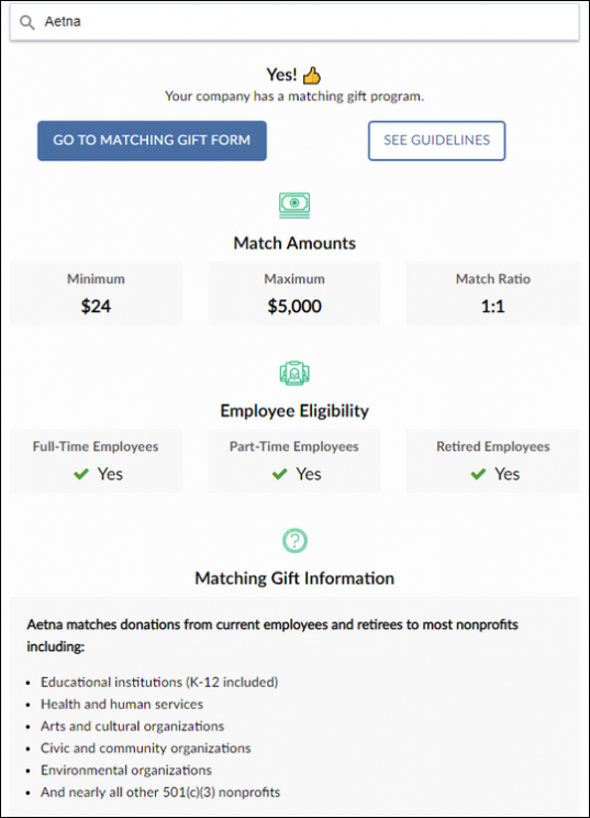 Double the Donation - Aetna matching gift program example Double the Donation - Aetna matching gift program example