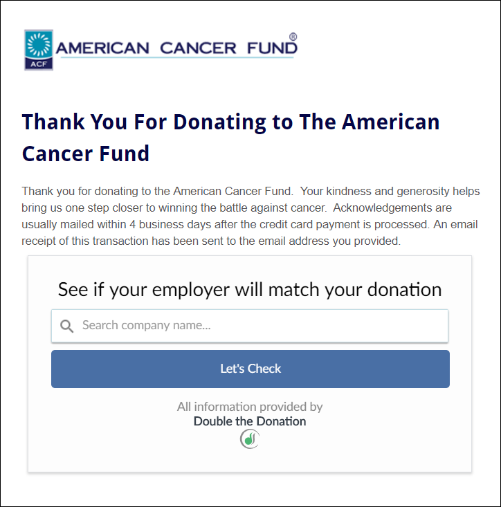 Double the Donation matching gift search tool on a confirmation page Double the Donation-America's Charities-example 2.png