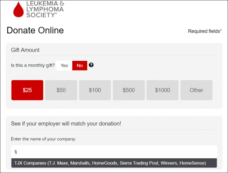 Double the Donation matching gift search tool on a donation form Double the Donation-america's charities-Matching Gifts-example.PNG
